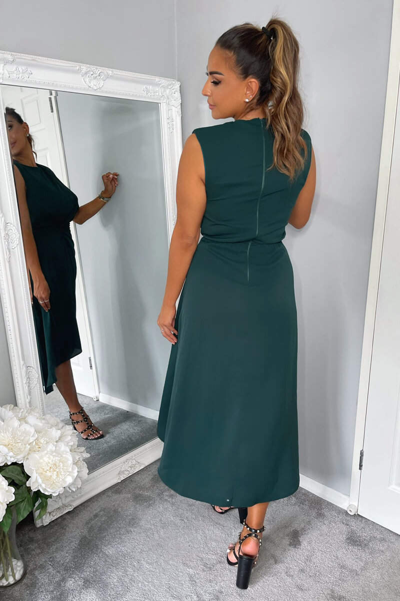 Teal Gathered Midi Dress With Padded Shoulders