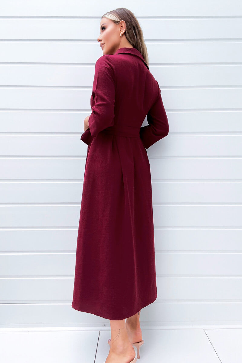 Wine Button Up Midi Shirt Dress