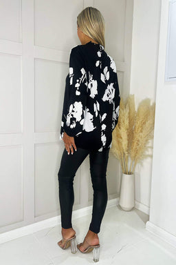 Black And White Print Ruffle Neck Long Sleeve Top