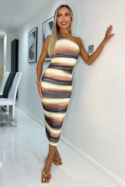 Brown Ombre Printed Mesh One Shoulder Bodycon Midi Dress – AX Paris EU