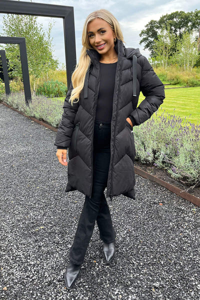 Black Hooded Long Line Puffer Coat – AX Paris EU