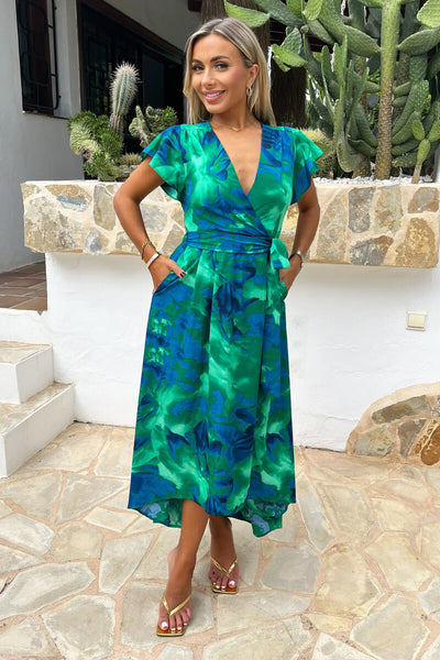 dress blue and green Abstract Print Short Sleeve Belted Wrap Midi – AX Paris EU Color:Butter SAT Midi Mother of the floral midi corset dress