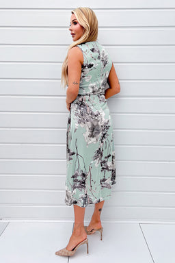 Duck Egg Print Gathered Midi Dress With Shoulder Pads