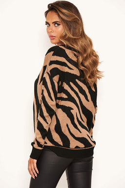 Camel and Black Zebra Knitted Jumper