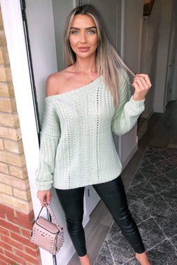 Sage Off The Shoulder Chunky Knit Jumper