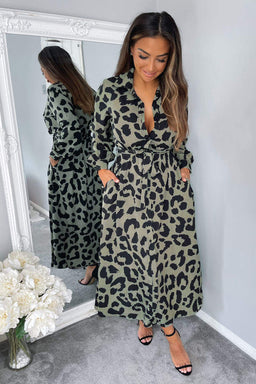 Khaki Animal Print Button Up Midi Dress