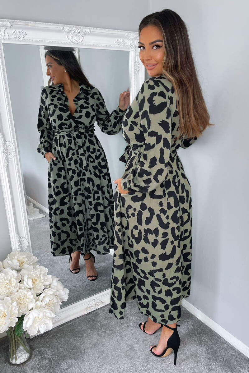 Khaki Animal Print Button Up Midi Dress