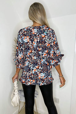 Navy Floral Printed Frill Hem Wrap Top