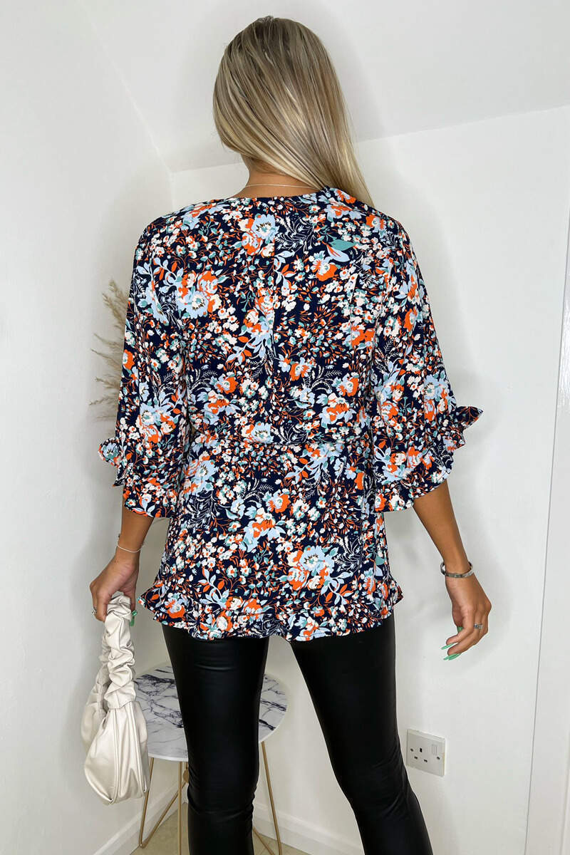 Navy Floral Printed Frill Hem Wrap Top