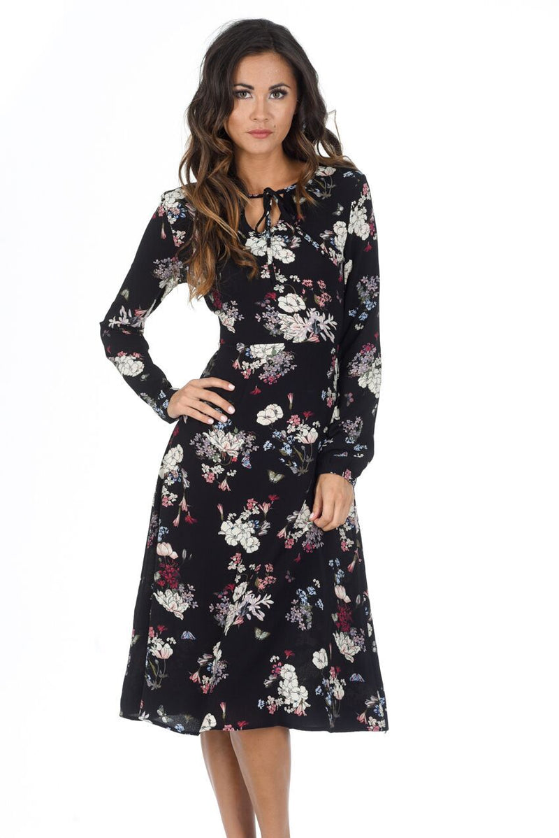 Black Floral Long Sleeve Swing Dress