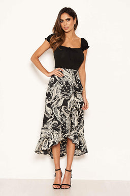 Black Printed Layered Frill Ruched Sleeve Dress