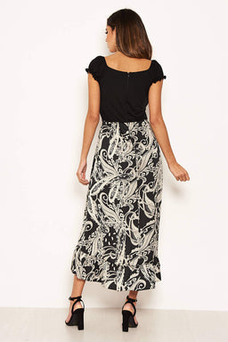 Black Printed Layered Frill Ruched Sleeve Dress