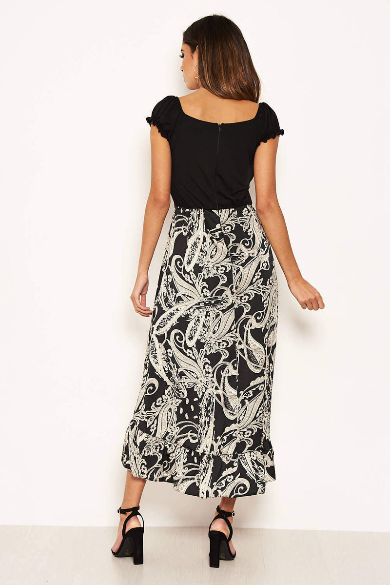 Black Printed Layered Frill Ruched Sleeve Dress