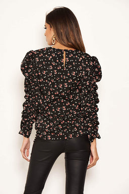 Black Floral Ruched Sleeves top
