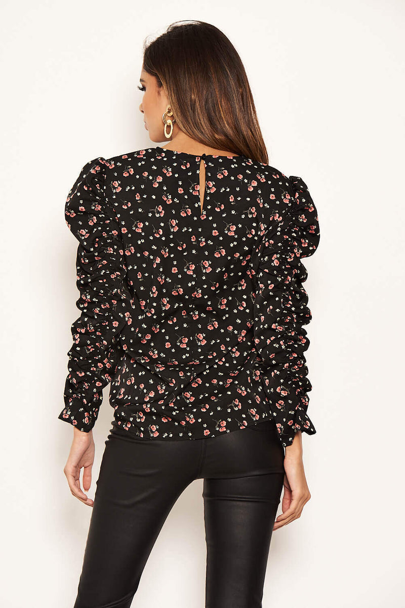 Black Floral Ruched Sleeves top