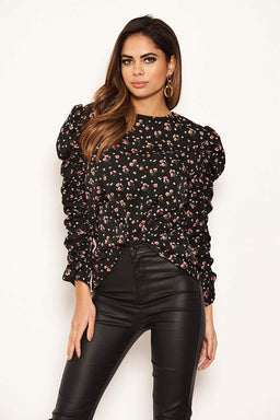 Black Floral Ruched Sleeves top