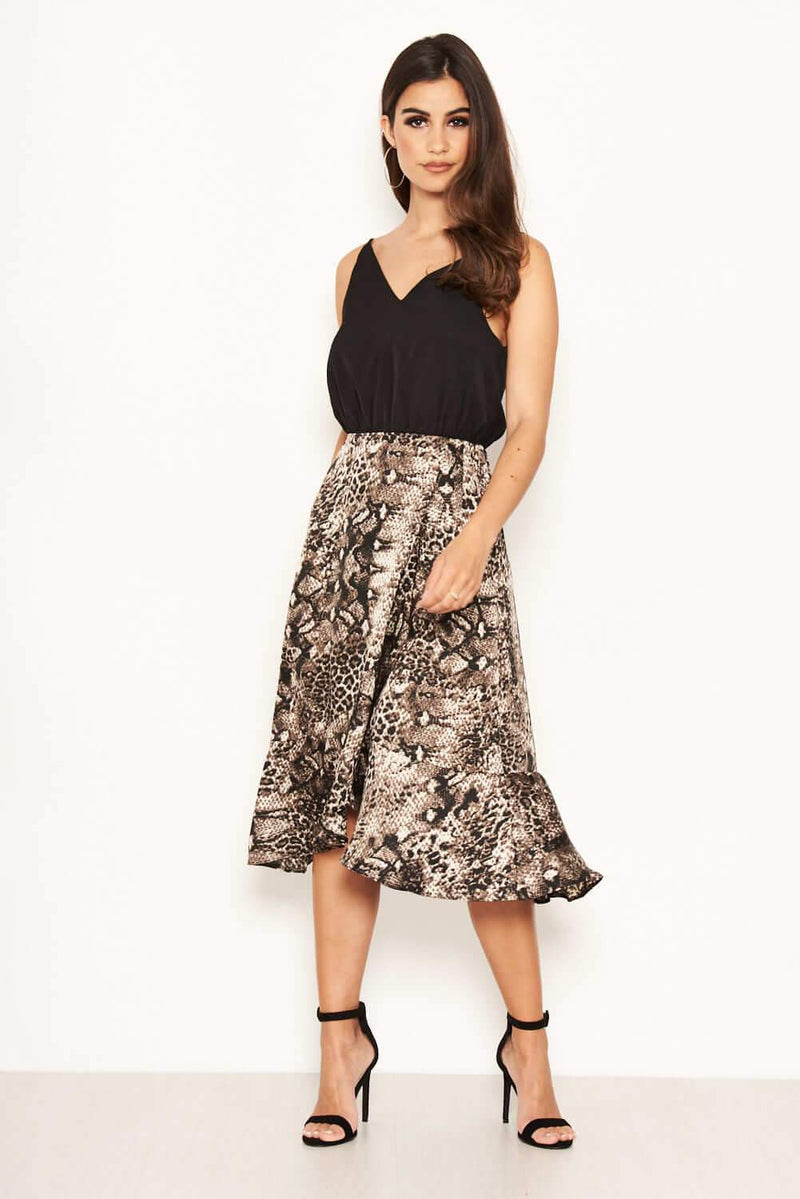 Black And Grey Animal Print 2 In 1 Frill Hem Midi Dress