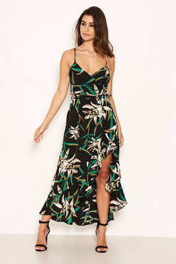 Black Floral Strappy Midi Dress with Side Split