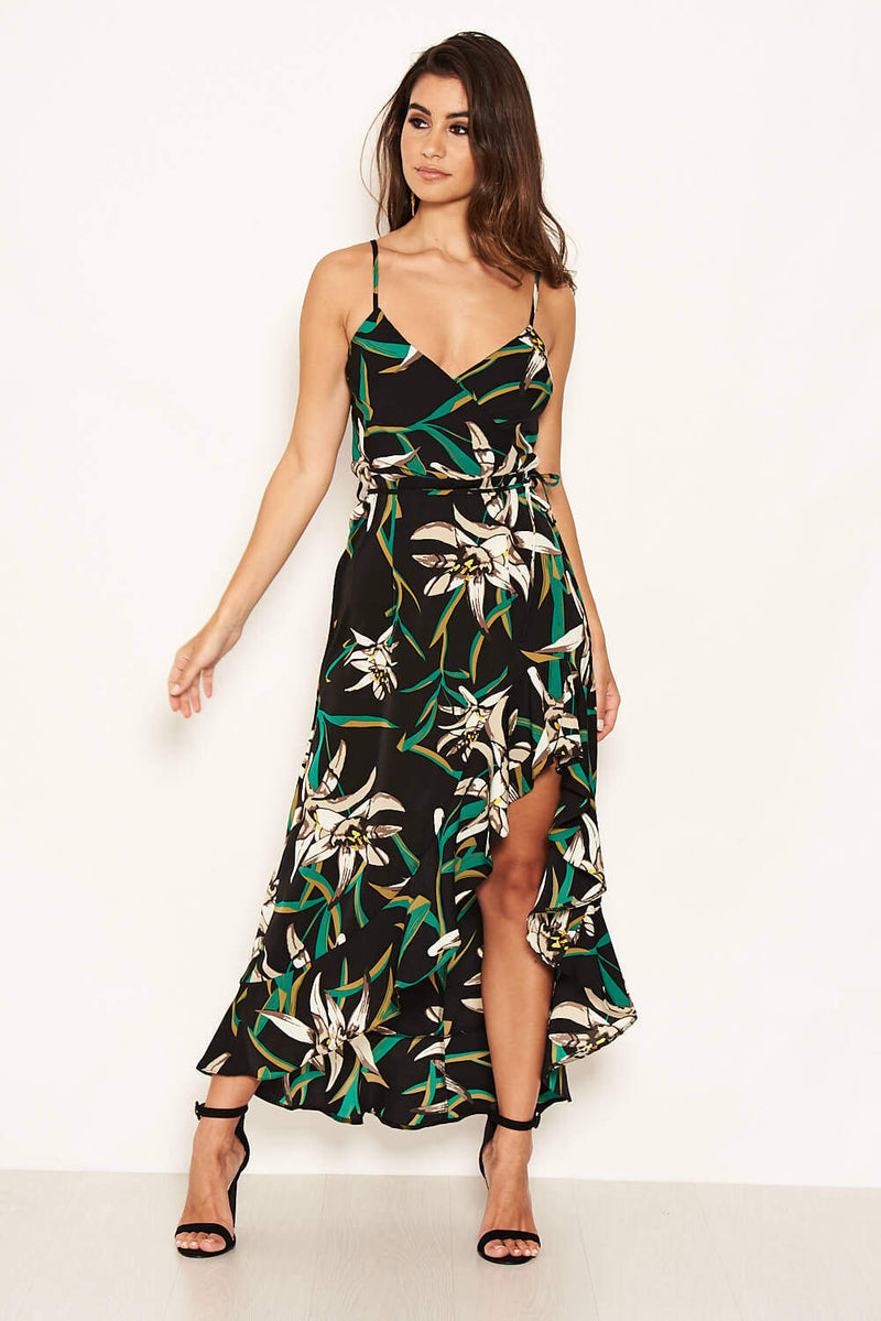 Black Floral Strappy Midi Dress with Side Split