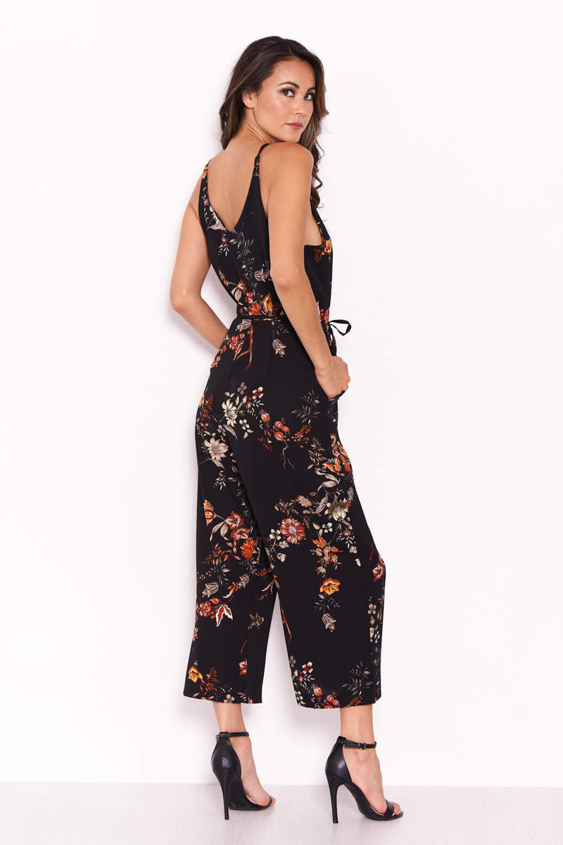 Black Floral V Neck Jumpsuit