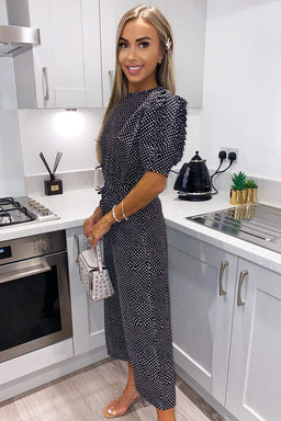 Black Polka Dot Frill Cuff Sleeve Jumpsuit