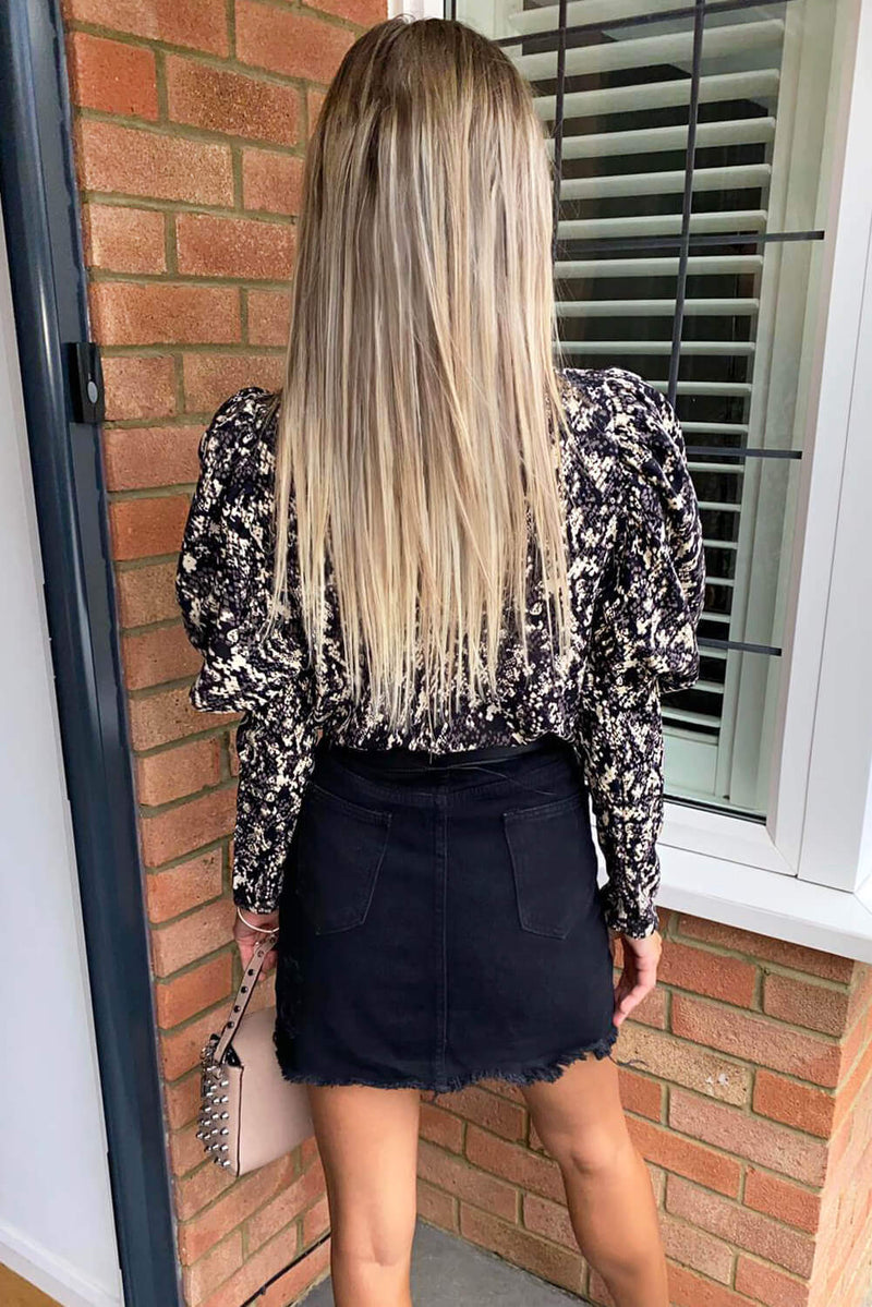 Black Printed Puff Sleeve Cuff Top