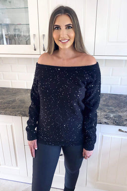 Black Sequin Off The Shoulder Knit Jumper