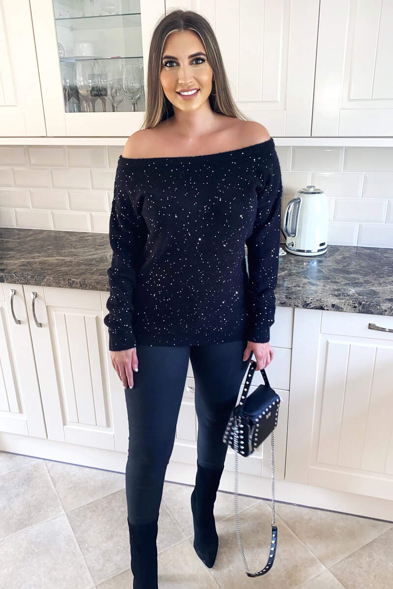 Black Sequin Off The Shoulder Knit Jumper