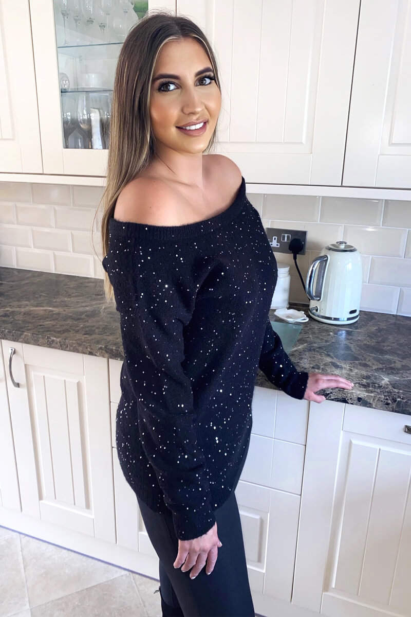 Black Sequin Off The Shoulder Knit Jumper