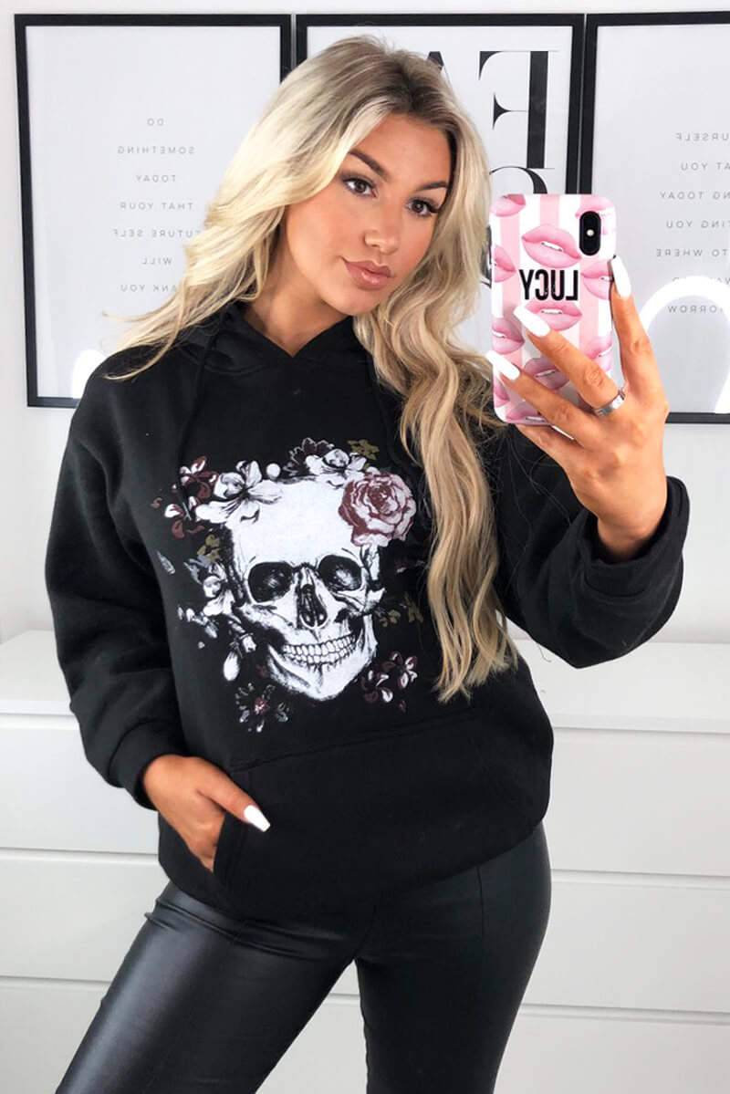Black Skull Printed Hoodie