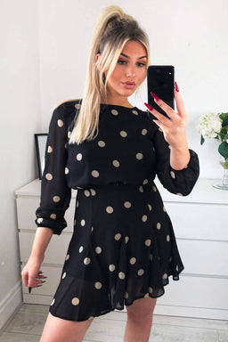 Black Spotty Pleated Skirt Dress
