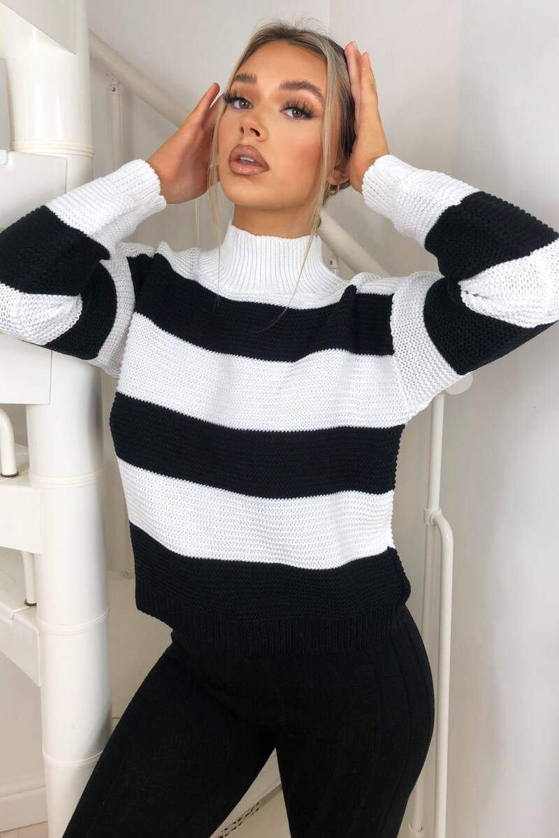 Black Striped High Neck Knit Jumper