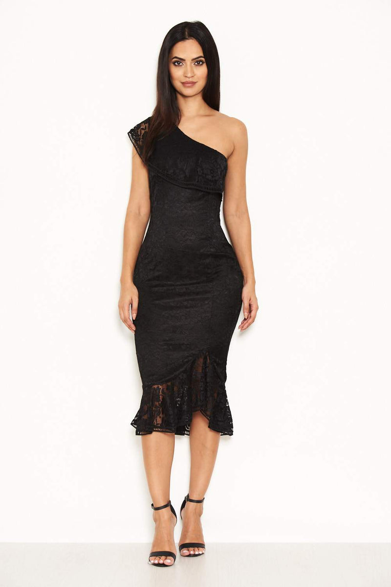 Black Lace One Shoulder Frill Detail Midi Dress