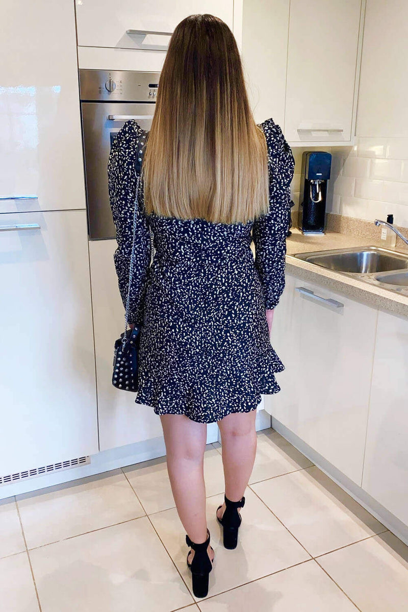 Black Printed Puff Sleeve Skater Dress
