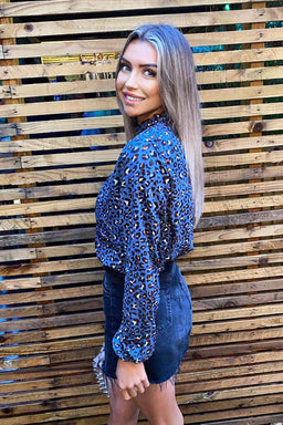 Blue Animal Print High Neck Elasticated Top
