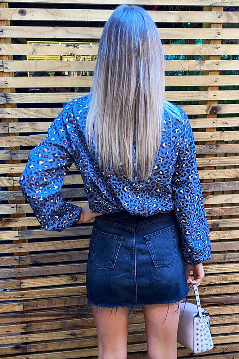 Blue Animal Print High Neck Elasticated Top