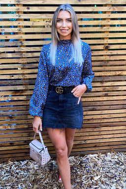 Blue Animal Print High Neck Elasticated Top
