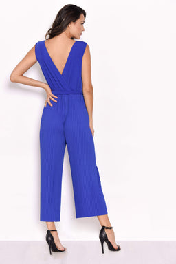 Blue Culotte Pleated Tie Waist Jumpsuit