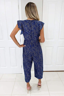 Blue Printed V-Neck Frill Jumpsuit