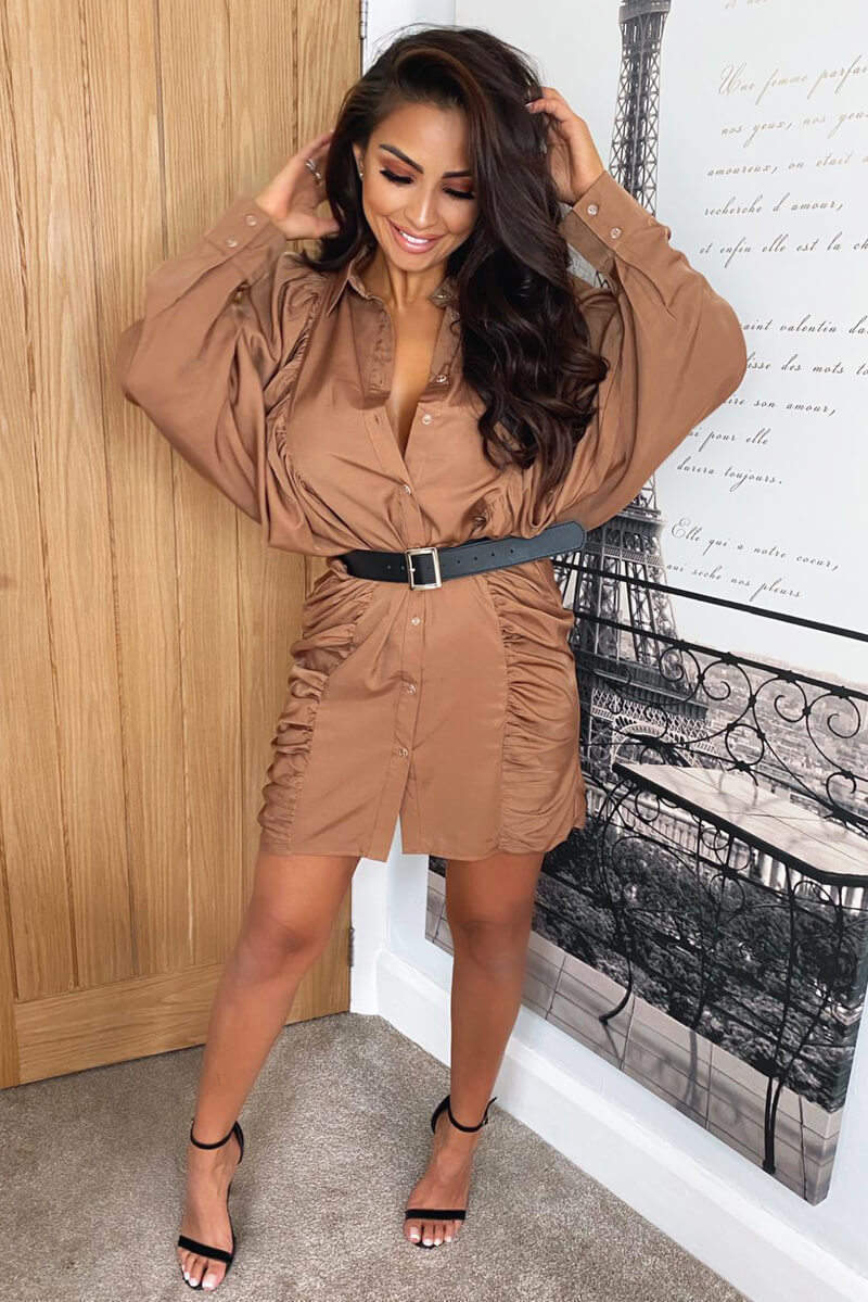 Camel Balloon Sleeve Ruched Shirt Dress