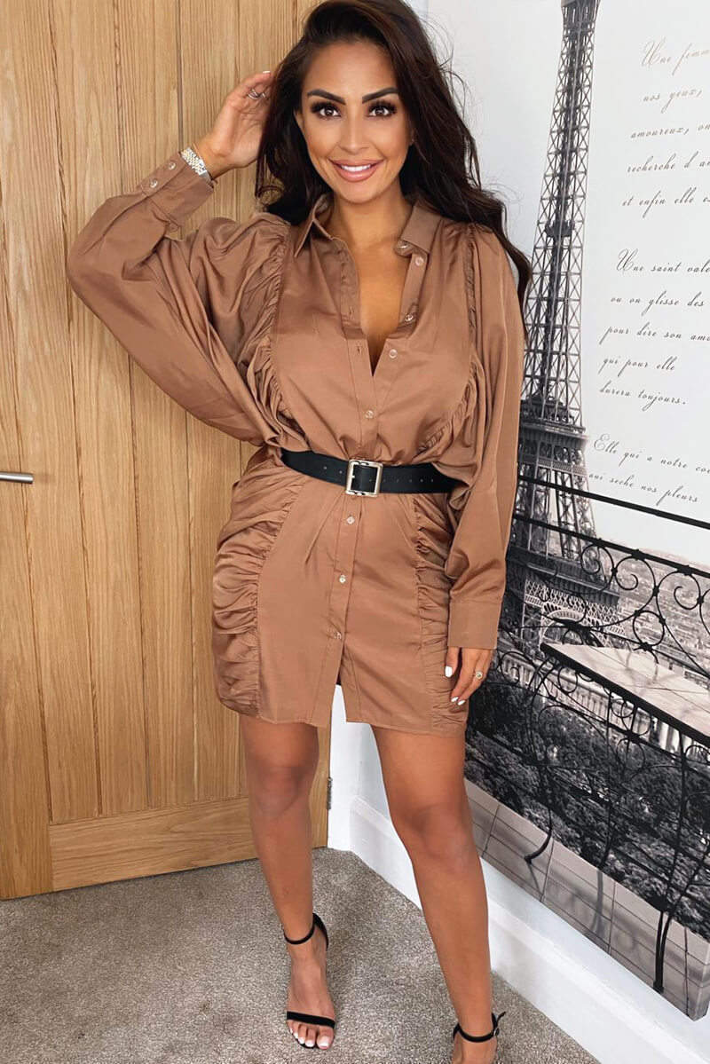 Camel Balloon Sleeve Ruched Shirt Dress