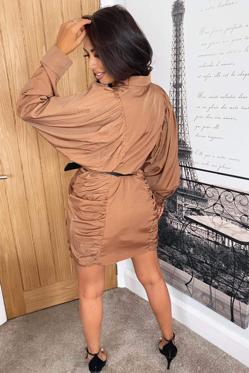 Camel Balloon Sleeve Ruched Shirt Dress