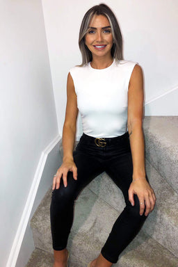 Cream Basic Padded Shoulder Bodysuit