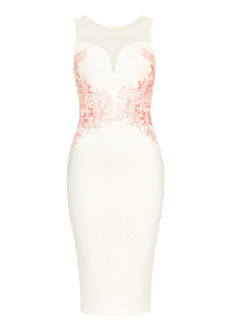 Cream Sheer Top Bodycon With Lace Detail