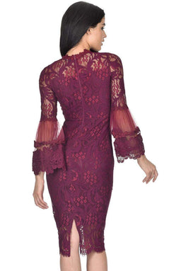 Plum Lace Frill Sleeve Midi Dress