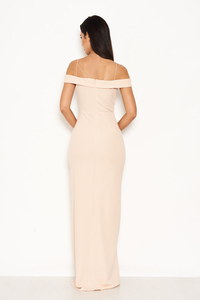 Nude Strappy Off The Shoulder Side Split Maxi Dress