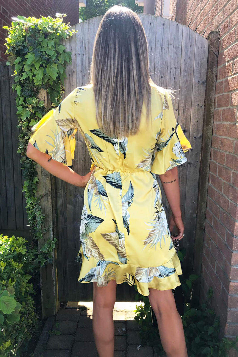 Yellow Floral Print Frill Wrap Dress