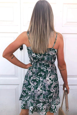Green Floral Wrap Frill Dress