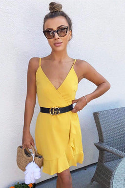 Yellow Strappy Frill Hem Mini Dress
