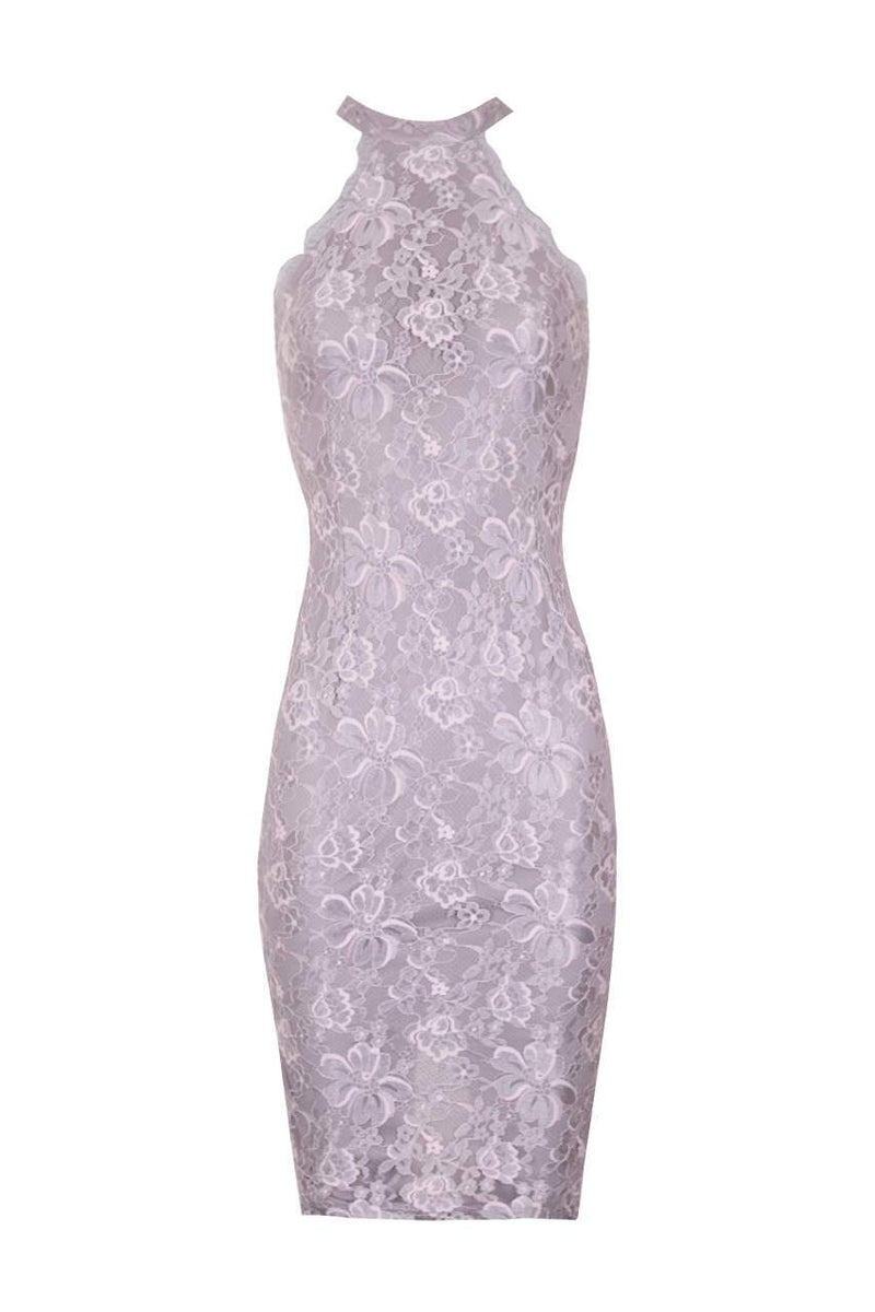 Grey Lace Cut In Neck Midi Dress